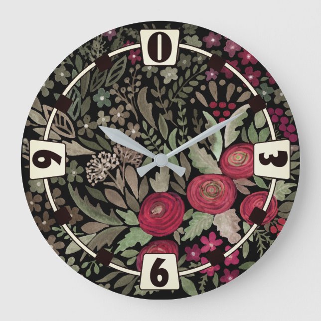 Aquarellfarbene Rose auf schwarzem Hintergrund, Aq Große Wanduhr (Vorderseite)