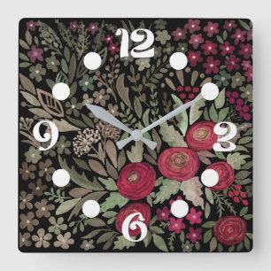 Aquarellfarbene Rose auf schwarzem Hintergrund, Aq Quadratische Wanduhr