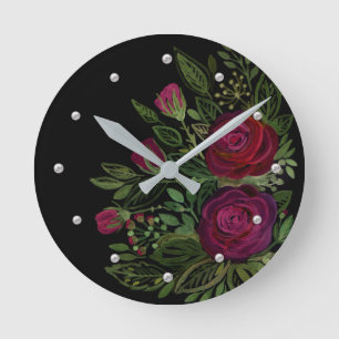 Aquarellfarbene Rose auf schwarzem Hintergrund, Aq Runde Wanduhr