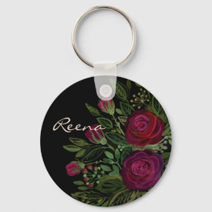 Aquarellfarbene Rose auf schwarzem Hintergrund, Aq Schlüsselanhänger