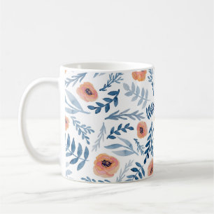 Aquarellfarbene Rose: Blaue Blätter Nahtlos Kaffeetasse