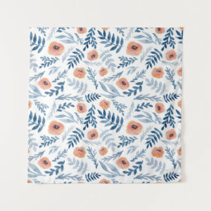 Aquarellfarbene Rose: Blaue Blätter Nahtlos Wandteppich