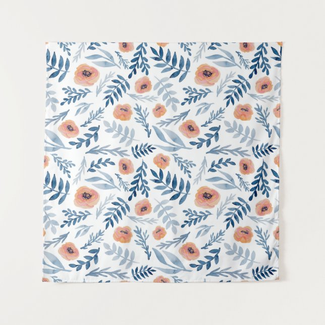 Aquarellfarbene Rose: Blaue Blätter Nahtlos Wandteppich (Vorderseite)