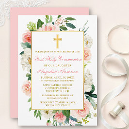 Aquarellfarbene Rose Blume Rosa Goldrahmen-Kommuni Einladung