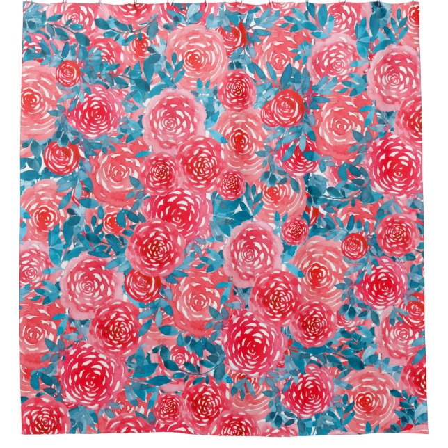 Aquarellfarbene Rose Blumenband Duschvorhang (Vorderseite)