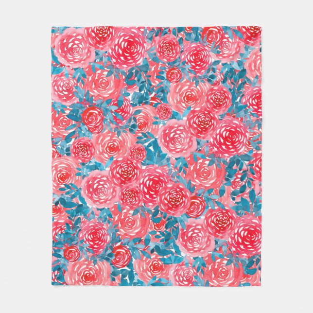 Aquarellfarbene Rose Blumenband Fleecedecke (Vorderseite)