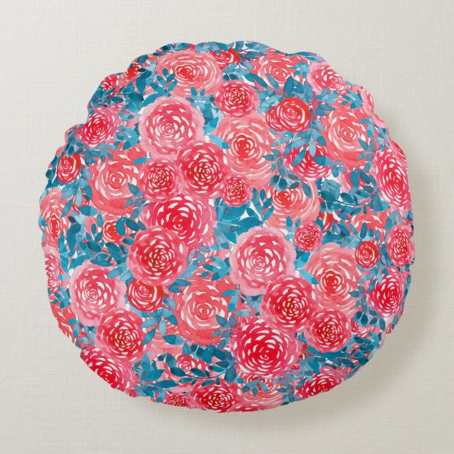 Aquarellfarbene Rose Blumenband Rundes Kissen (Vorderseite)