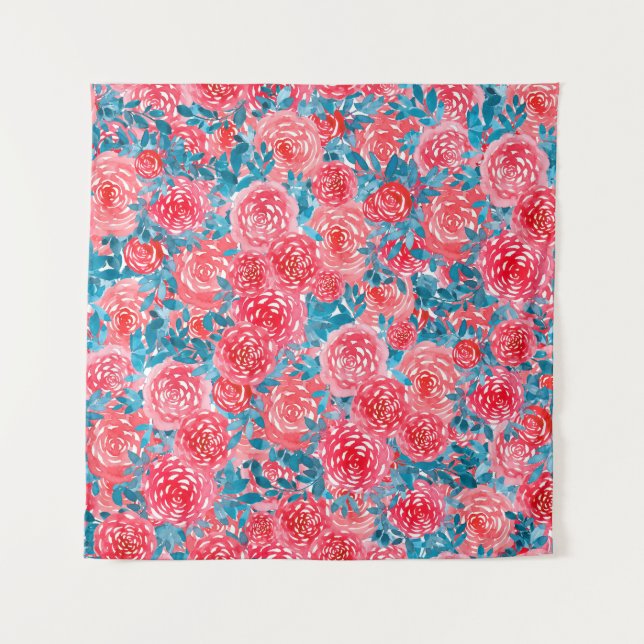 Aquarellfarbene Rose Blumenband Wandteppich (Vorderseite)