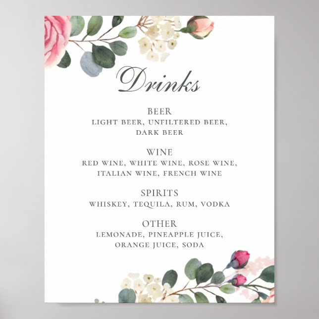 Aquarellfarbene Rose. Blumengetränke Bar Poster (Vorne)