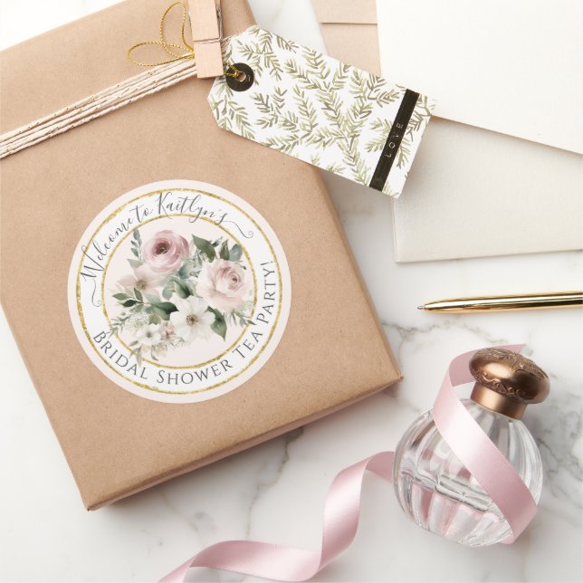 Aquarellfarbene Rose Blumengold Rosa Tee Brautpart Runder Aufkleber (Schenken)