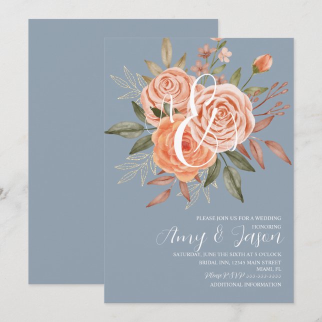 Aquarellfarbene Rose Blumenpfirsiche Dusty Blue We Einladung (Vorne/Hinten)