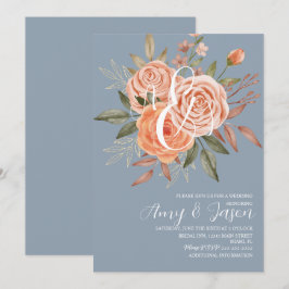 Aquarellfarbene Rose Blumenpfirsiche Dusty Blue We Einladung