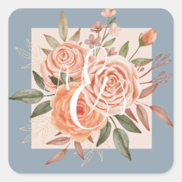 Aquarellfarbene Rose Blumenpfirsiche Dusty Blue We Quadratischer Aufkleber