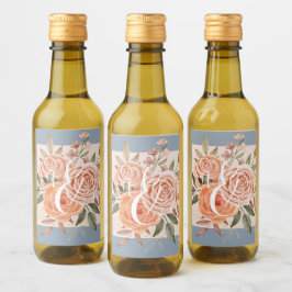 Aquarellfarbene Rose Blumenpfirsiche Dusty Blue We Weinetikett
