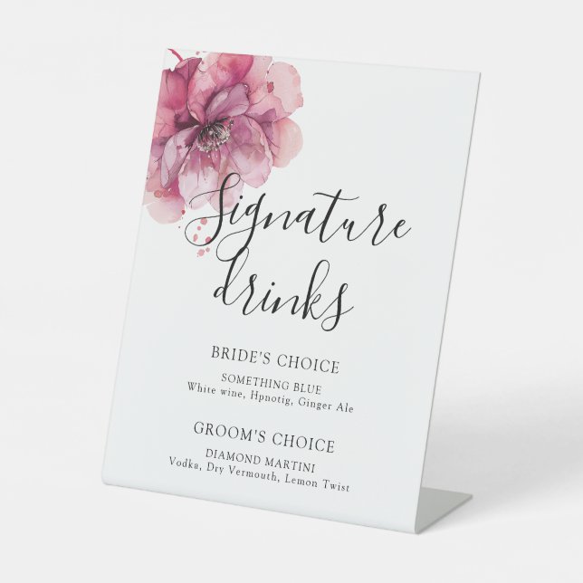 Aquarellfarbene Rose Blumensignaturgetränke Sockelschild (Vorderseite)