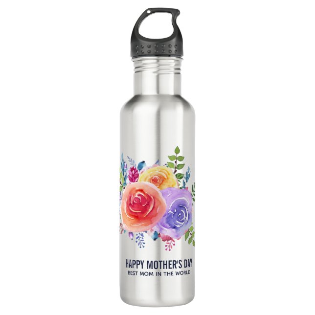 Aquarellfarbene Rose Blumenstrauß Muttertag Edelstahlflasche (Vorderseite)