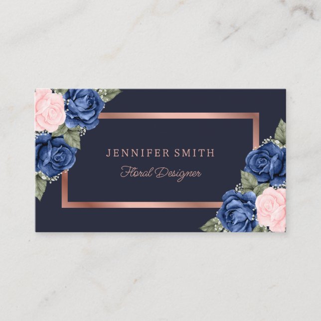 Aquarellfarbene Rose Blütenrosa Navy Blue Rose Gol Visitenkarte (Vorderseite)
