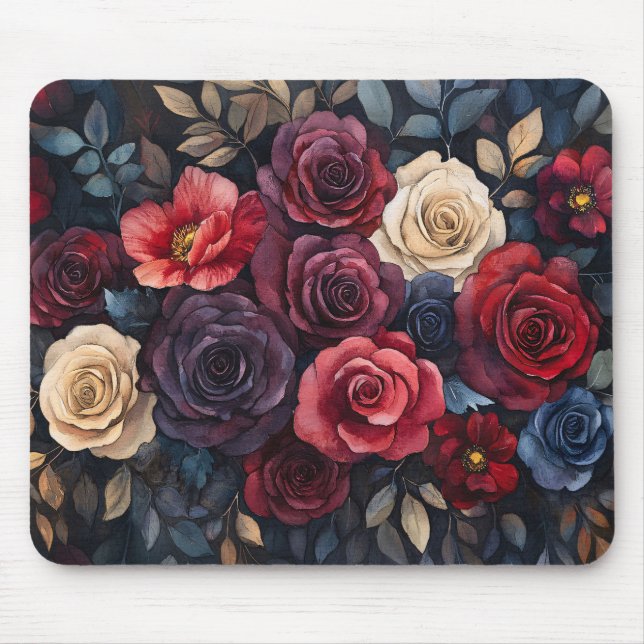 Aquarellfarbene Rose Bouquet Blätter farbenfroh Mousepad (Vorne)
