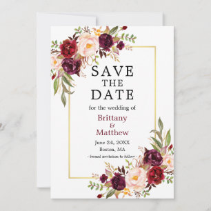 Aquarellfarbene Rose Burgund-Gold-Rahmen Save the  Date
