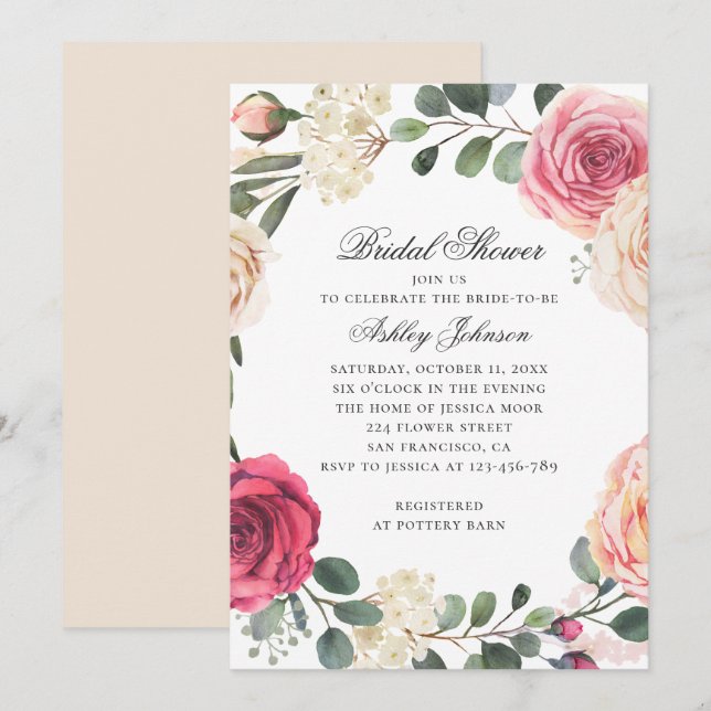 Aquarellfarbene Rose. Elegantes Brautparty mit Blu Einladung (Vorne/Hinten)
