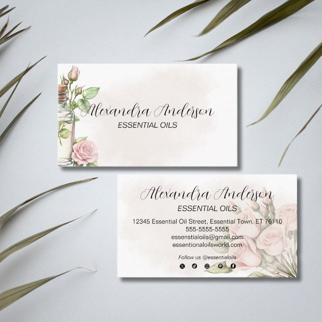 Aquarellfarbene Rose Flora Aromatherapie Essenziel Visitenkarte (Watercolor Rose Floral Aromatherapy Essential Oils Business Card)