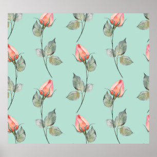 Aquarellfarbene Rose: Frühlingsblumen nahtlos Poster