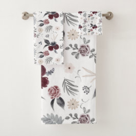 Aquarellfarbene Rose Grau Blätter Badhandtuch Set