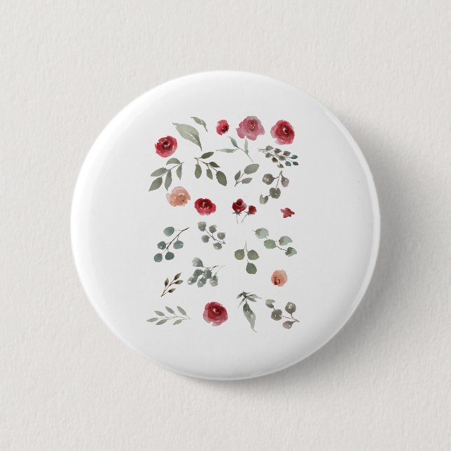 Aquarellfarbene Rose Grüne Blätter Blätter Button (Vorderseite)