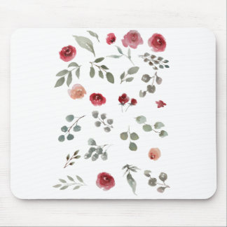 Aquarellfarbene Rose Grüne Blätter Blätter Mousepad