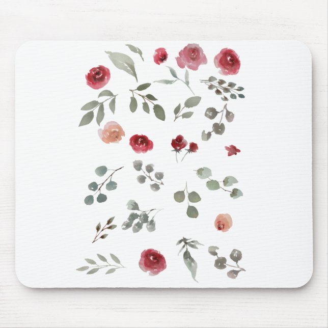 Aquarellfarbene Rose Grüne Blätter Blätter Mousepad (Vorne)