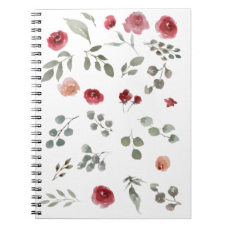 Aquarellfarbene Rose Grüne Blätter Blätter Notizblock