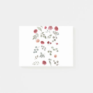 Aquarellfarbene Rose Grüne Blätter Blätter Post-it Klebezettel