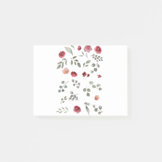 Aquarellfarbene Rose Grüne Blätter Blätter Post-it Klebezettel (Vorderseite)