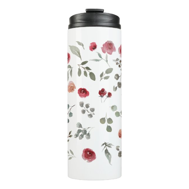 Aquarellfarbene Rose Grüne Blätter Blätter Thermosbecher (Vorderseite)