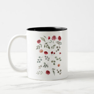 Aquarellfarbene Rose Grüne Blätter Blätter Zweifarbige Tasse