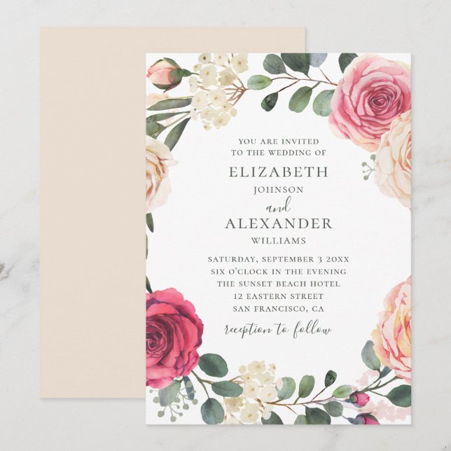 Aquarellfarbene Rose. Hochzeitsfeier mit Blumen Einladung (Vorne/Hinten)