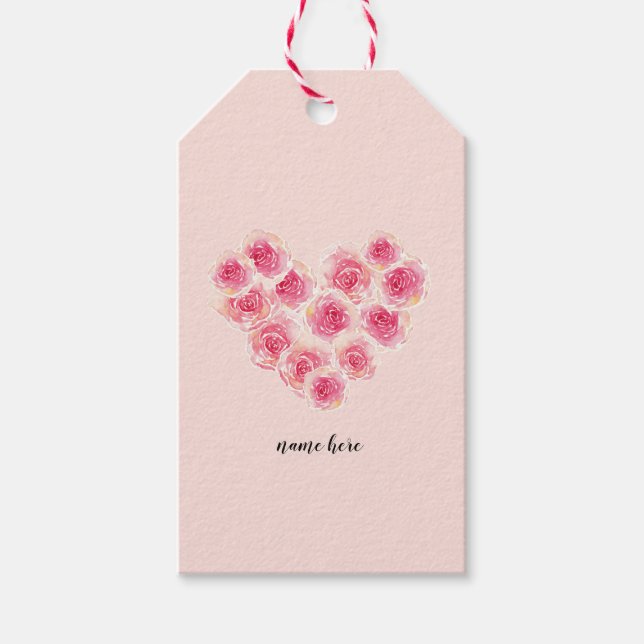 Aquarellfarbene Rose in Herzform Rosa Pfirsichblüt Geschenkanhänger (Vorderseite)