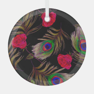 Aquarellfarbene Rose, Pfauenfedern, dekorativ. Ornament Aus Glas