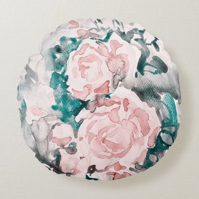 Aquarellfarbene Rose Rosa, Aquamarin, Grau Rundes Kissen (Vorderseite)