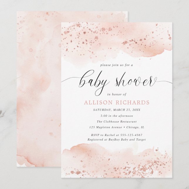 Aquarellfarbene Rose Rosa Dusche Einladung (Vorne/Hinten)