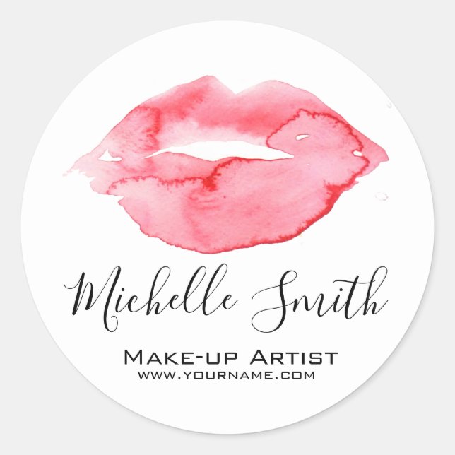 Aquarellfarbene Rose Rosa Lippen Make-up Runder Aufkleber (Vorderseite)