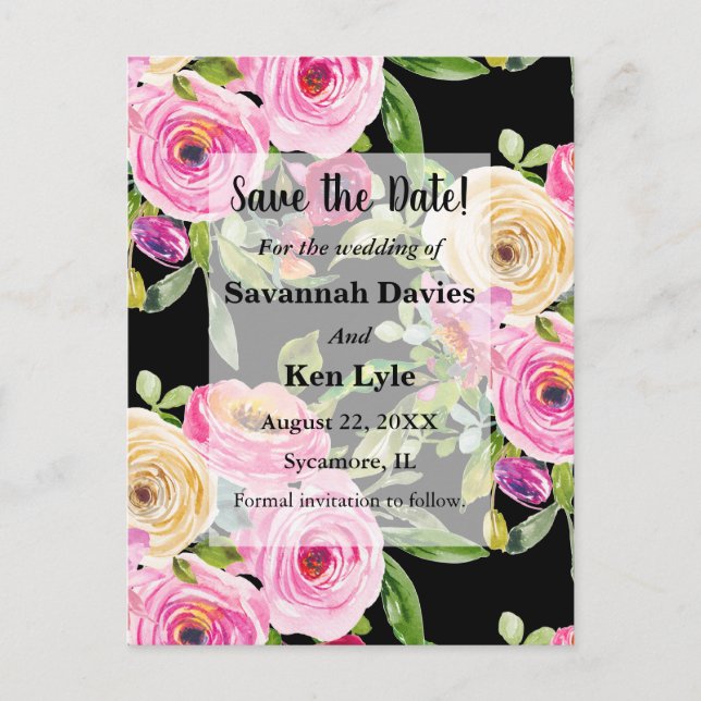 Aquarellfarbene Rose Rosa Save the Date auf Schwar Postkarte (Vorderseite)