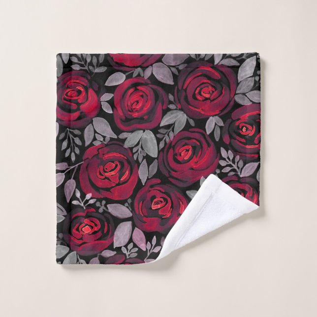 Aquarellfarbene Rose, rote Rosen in Schwarz Badhandtuch Set (Waschlappen)