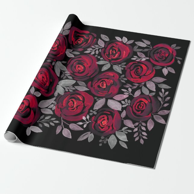 Aquarellfarbene Rose, rote Rosen in Schwarz Geschenkpapier (Ungerollt)