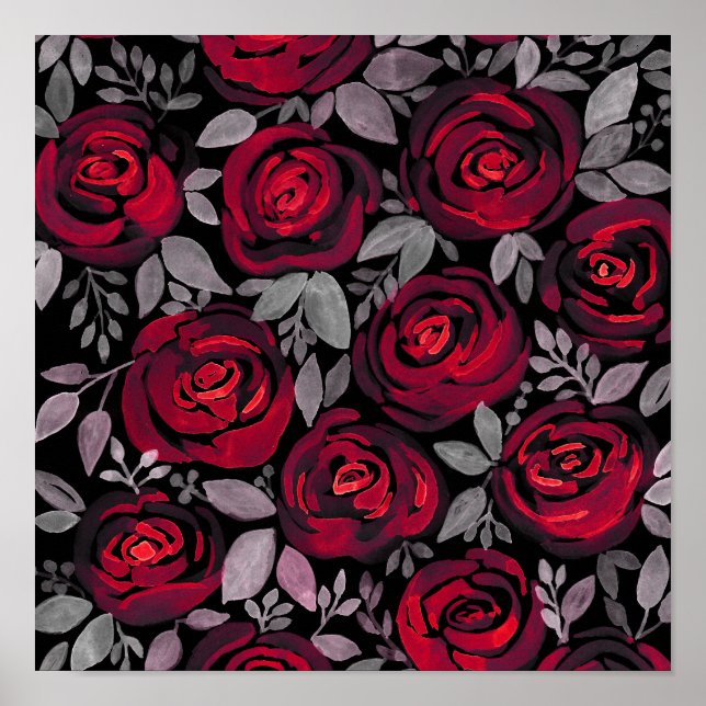 Aquarellfarbene Rose, rote Rosen in Schwarz Poster (Vorne)