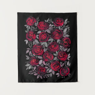 Aquarellfarbene Rose, rote Rosen in Schwarz Wandteppich
