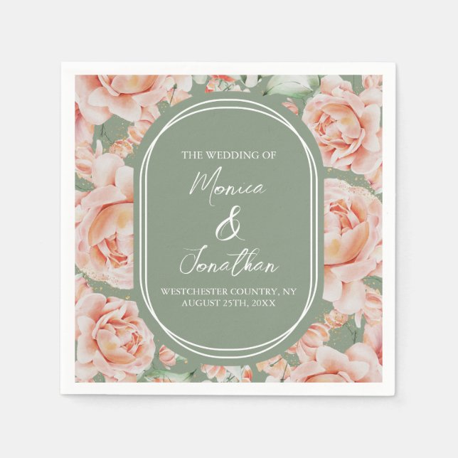 Aquarellfarbene Rose setzen Grün-Rosa-Hochzeit Serviette (Vorderseite)