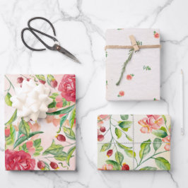 Aquarellfarbene Rose und Beeren mit Foliage Geschenkpapier Set