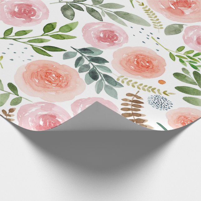 Aquarellfarbene Rose und Blätter im Grünen  Geschenkpapier (Ecke)