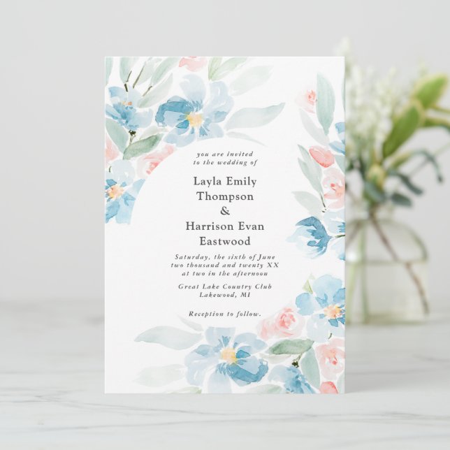 Aquarellfarbene Rose und Einladung zur Hochzeit (Stehend Vorderseite)